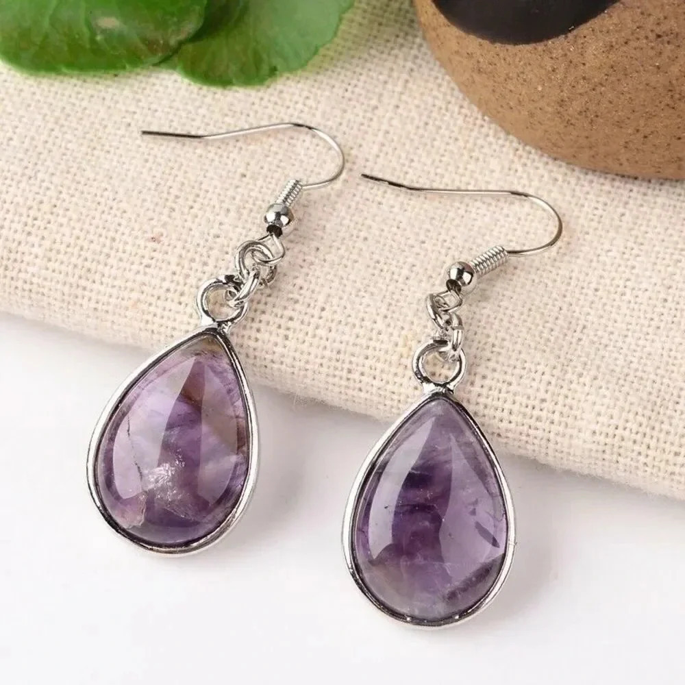 Handcrafted Natural Amethyst Gemstone Teardrop Cabochons Dangle Earrings